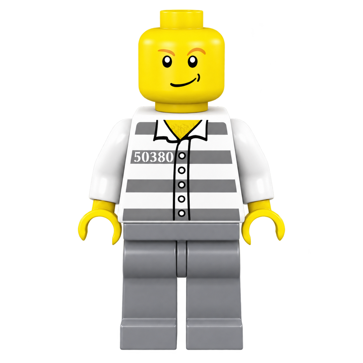 Lego minifigure in a striped prisoner outfit
